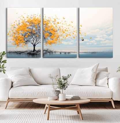 23385-MGV-CV-36X24-Golden Butterfly Tree Wall Art – Abstract Yellow and Gray Canvas Print, Modern Nature Artwork for Living Room, Bedroom or Office