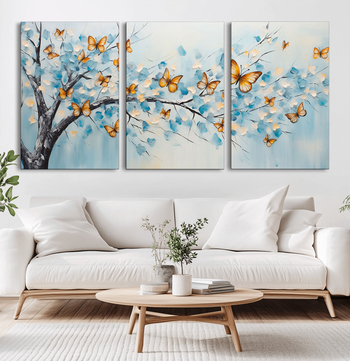 59455-MGV-CV-36X24-Butterfly Tree Branch Wall Art – Blue and Yellow Abstract Canvas Print, Modern Nature Artwork for Living Room, Bedroom or Office