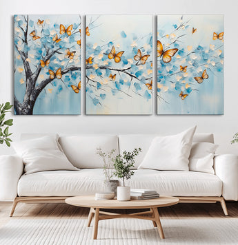 59455-MGV-CV-36X24-Butterfly Tree Branch Wall Art – Blue and Yellow Abstract Canvas Print, Modern Nature Artwork for Living Room, Bedroom or Office