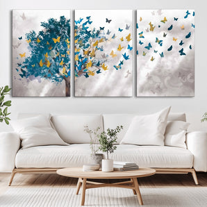 37564-MGV-CV-36X24-Butterfly Tree Wall Art – Modern Nature Canvas Print with Blue and Golden Butterflies, Elegant Decorative Painting for Living Room
