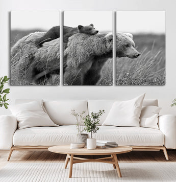 76338-MGV-CV-36X24-Mother Bear and Cub Wall Art – Black and White Wildlife Canvas Print, Rustic Nature Photography for Cabin, Living Room or Office