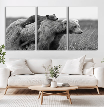 76338-MGV-CV-36X24-Mother Bear and Cub Wall Art – Black and White Wildlife Canvas Print, Rustic Nature Photography for Cabin, Living Room or Office
