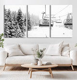 70609-MGV-CV-36X24-Snowy Ski Lift Wall Art – Black and White Winter Mountain Landscape Canvas Print, Rustic Lodge Decor for Cabin, Living Room or