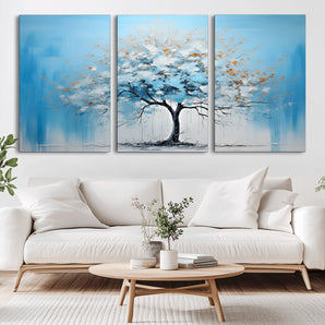 25021-MGV-CV-36X24-Abstract Tree Wall Art – Blue and White Canvas Painting with Gold Accents, Modern Nature-Inspired Artwork for Living Room, Bedroom