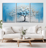 25021-MGV-CV-36X24-Abstract Tree Wall Art – Blue and White Canvas Painting with Gold Accents, Modern Nature-Inspired Artwork for Living Room, Bedroom