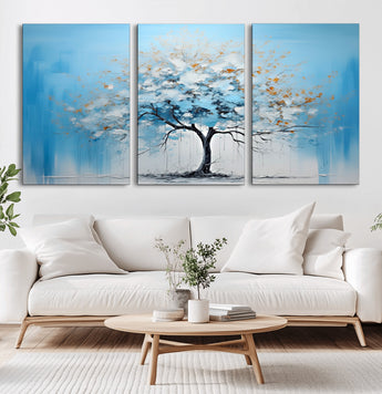25021-MGV-CV-36X24-Abstract Tree Wall Art – Blue and White Canvas Painting with Gold Accents, Modern Nature-Inspired Artwork for Living Room, Bedroom