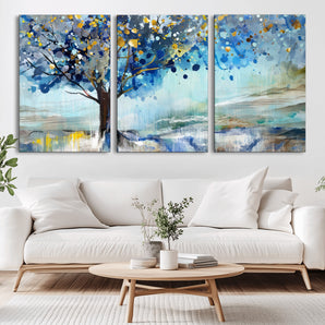 17018-MGV-CV-36X24-Abstract Blue Tree Wall Art – Colorful Canvas Painting with Gold and Silver Accents, Modern Nature Artwork for Living Room,