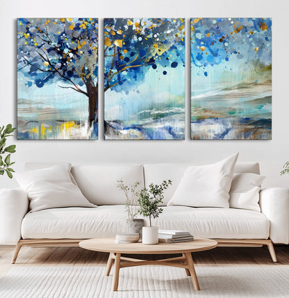 17018-MGV-CV-36X24-Abstract Blue Tree Wall Art – Colorful Canvas Painting with Gold and Silver Accents, Modern Nature Artwork for Living Room,