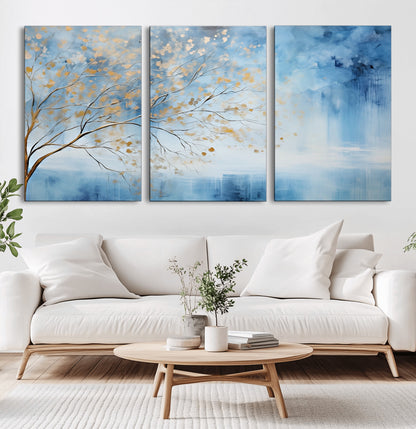 23891-MGV-CV-36X24-Abstract Tree Wall Art – Minimalist Blue and Gold Canvas Painting, Elegant Nature-Inspired Artwork for Living Room, Bedroom or