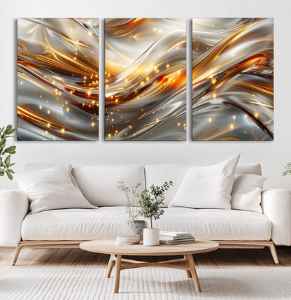 Lines1-MGV-CV-36X24-Abstract Metallic Wall Art – Silver and Gold Wave Canvas Print with Sparkling Accents, Modern Luxury Decor for Living Room, Office