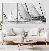 Boat-1-MGV-CV-36X24-Sailboat Racing Wall Art – Nautical Black and White Canvas Print, Ocean Adventure Decor for Office, Living Room or Bedroom