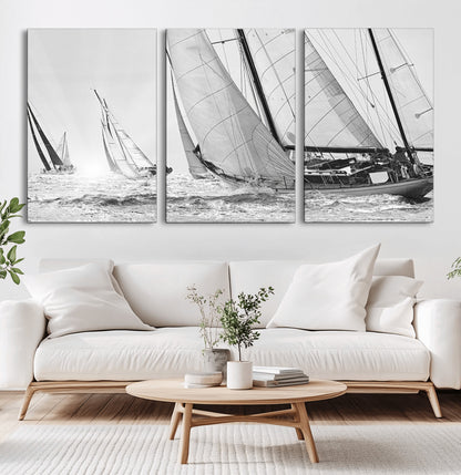 Boat-1-MGV-CV-36X24-Sailboat Racing Wall Art – Nautical Black and White Canvas Print, Ocean Adventure Decor for Office, Living Room or Bedroom