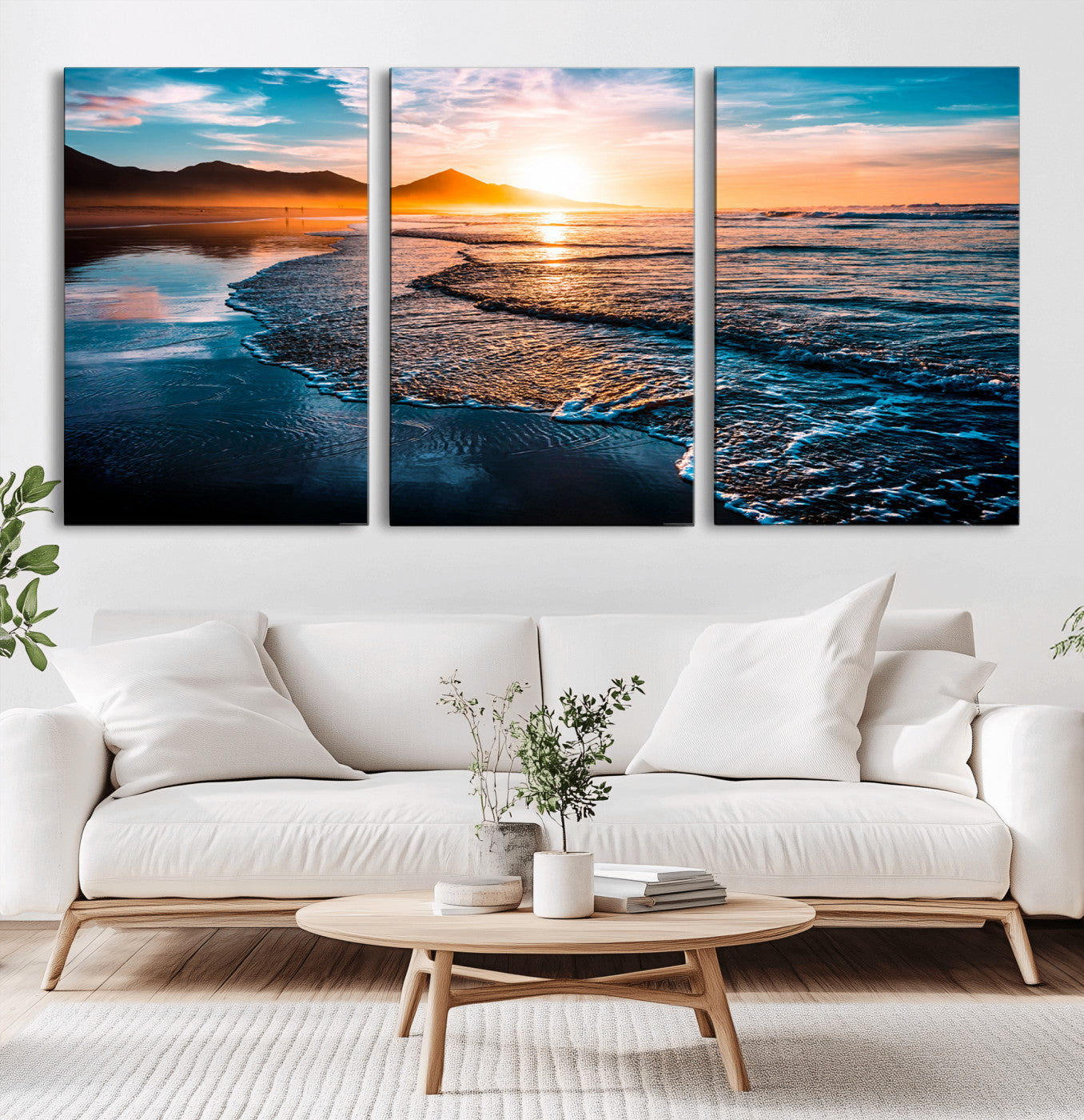26494-MGV-CV-36X24-Ocean Sunset Wall Art – Scenic Beach Canvas Print with Waves and Mountains, Coastal Seascape Photography for Living Room, Bedroom