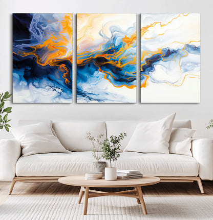 83720-MGV-CV-36X24-Abstract Fluid Wall Art – Blue, White and Gold Swirl Canvas Painting, Modern Contemporary Artwork for Living Room, Bedroom or