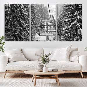 19240-MGV-CV-36X24-Ski Lift Wall Art – Black and White Winter Mountain Canvas Print, Snowy Forest Ski Resort Photography for Cabin, Lodge, Office or