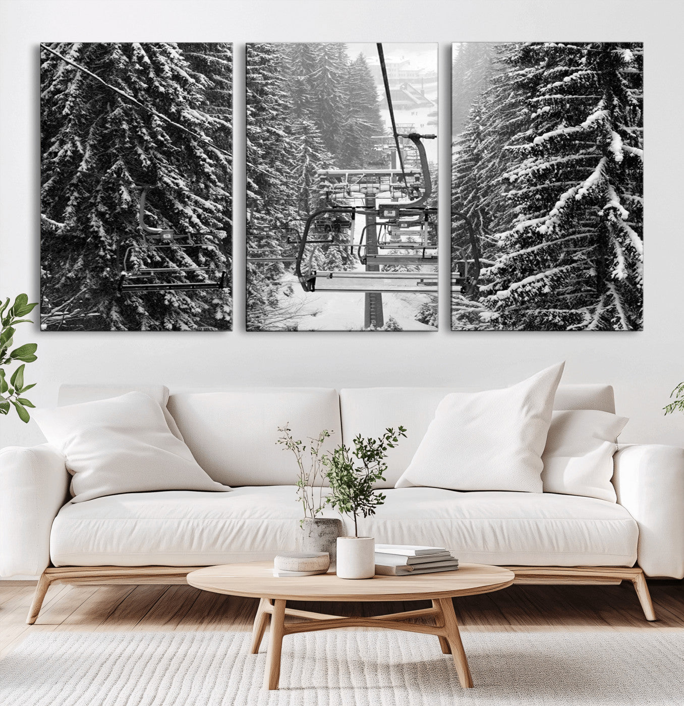 19240-MGV-CV-36X24-Ski Lift Wall Art – Black and White Winter Mountain Canvas Print, Snowy Forest Ski Resort Photography for Cabin, Lodge, Office or