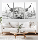 94579-MGV-CV-36X24-Highland Cow Wall Art – Black and White Longhorn Canvas Print, Rustic Western Farmhouse Animal Photography for Living Room,