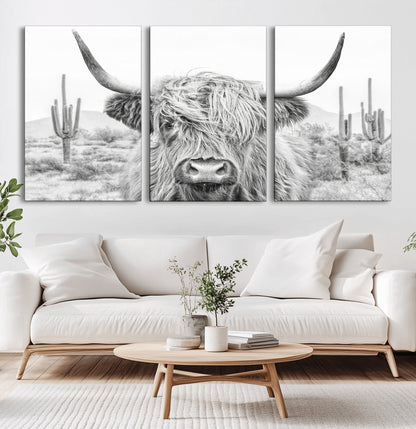 94579-MGV-CV-36X24-Highland Cow Wall Art – Black and White Longhorn Canvas Print, Rustic Western Farmhouse Animal Photography for Living Room,