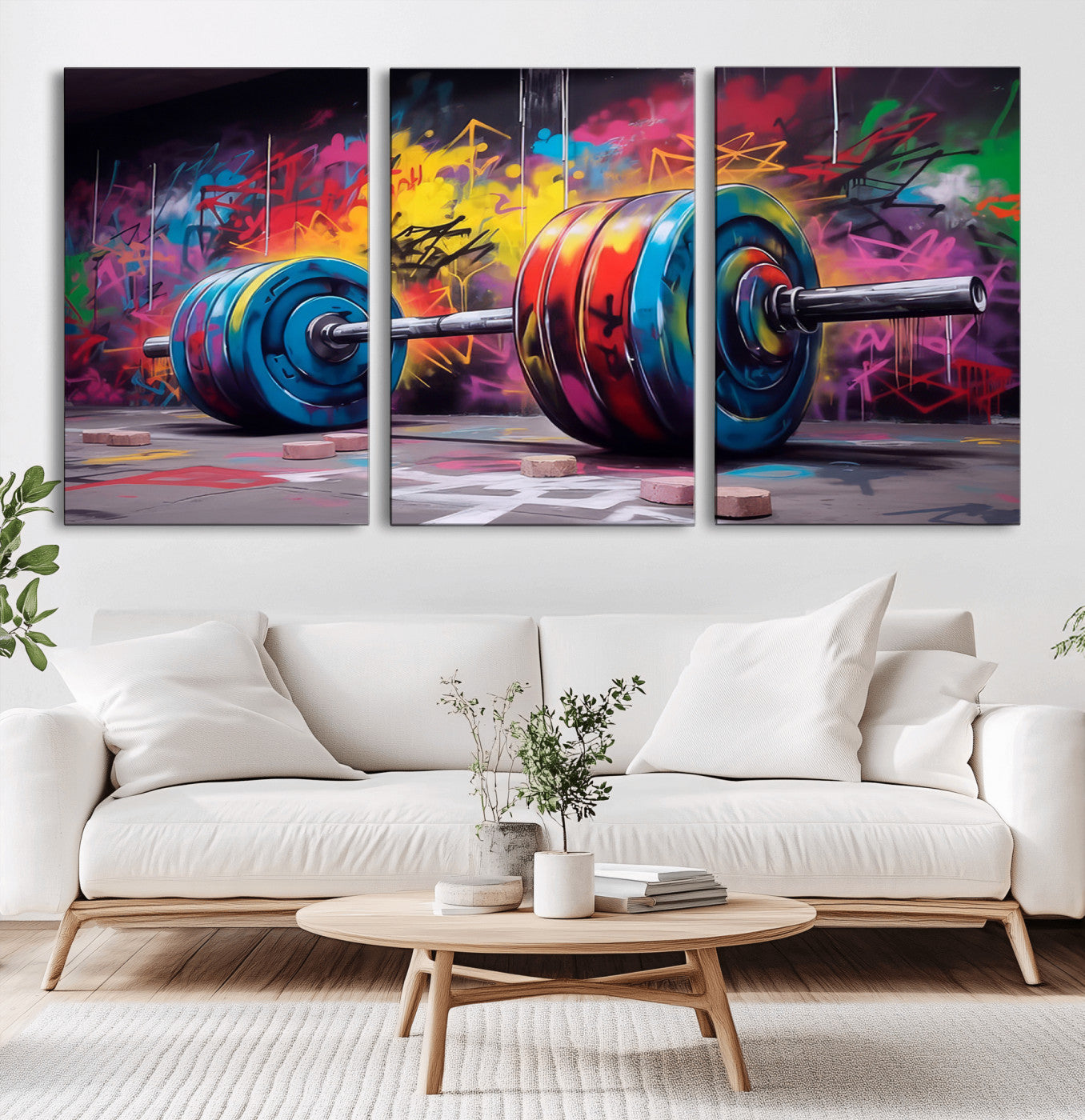 13549-MGV-CV-36X24-Graffiti Gym Wall Art Canvas Print, Framed Graffiti Barbell Art Picture Print, Weightlifting Perfect Fitness Studio Decor Artwork