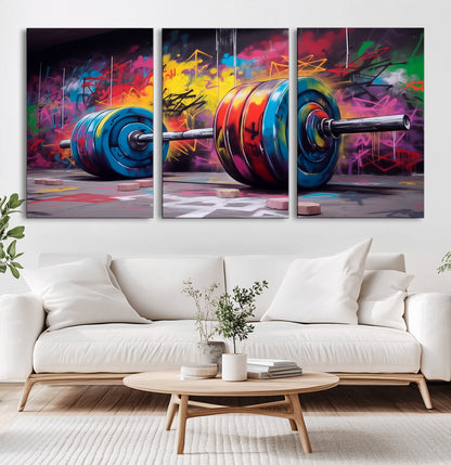13549-MGV-CV-36X24-Graffiti Gym Wall Art Canvas Print, Framed Graffiti Barbell Art Picture Print, Weightlifting Perfect Fitness Studio Decor Artwork