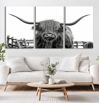 58188-MGV-CV-36X24-Highland Cow Wall Art – Black and White Rustic Farmhouse Canvas Print, Longhorn Cattle Photography Decor for Living Room or