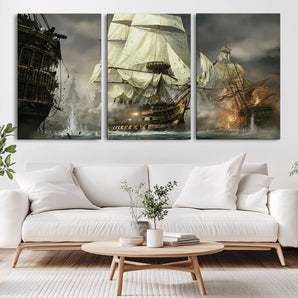 26512-MGV-CV-36X24-Naval Battle Wall Art – Dramatic Tall Ship Canvas Print, Historic Pirate Sailing War Scene, Nautical Decor for Office, Study or