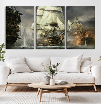 26512-MGV-CV-36X24-Naval Battle Wall Art – Dramatic Tall Ship Canvas Print, Historic Pirate Sailing War Scene, Nautical Decor for Office, Study or
