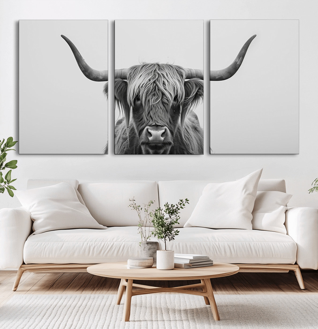 35820-MGV-CV-36X24-Minimalist Highland Cow Wall Art – Black and White Longhorn Cattle Canvas Print, Modern Farmhouse Animal Photography Decor for