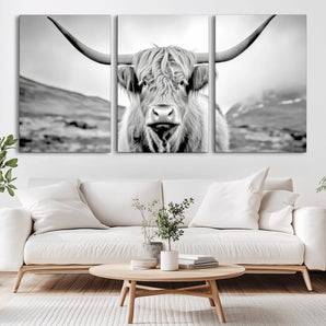 80564-MGV-CV-36X24-Highland Cow Wall Art – Black and White Scottish Highland Canvas Print, Rustic Farmhouse Decor for Living Room, Bedroom or Office
