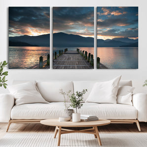 20442-MGV-CV-36X24-Lakeside Sunset Dock Wall Art – Peaceful Mountain Lake Canvas Print, Serene Nature Landscape Decor for Living Room, Bedroom or