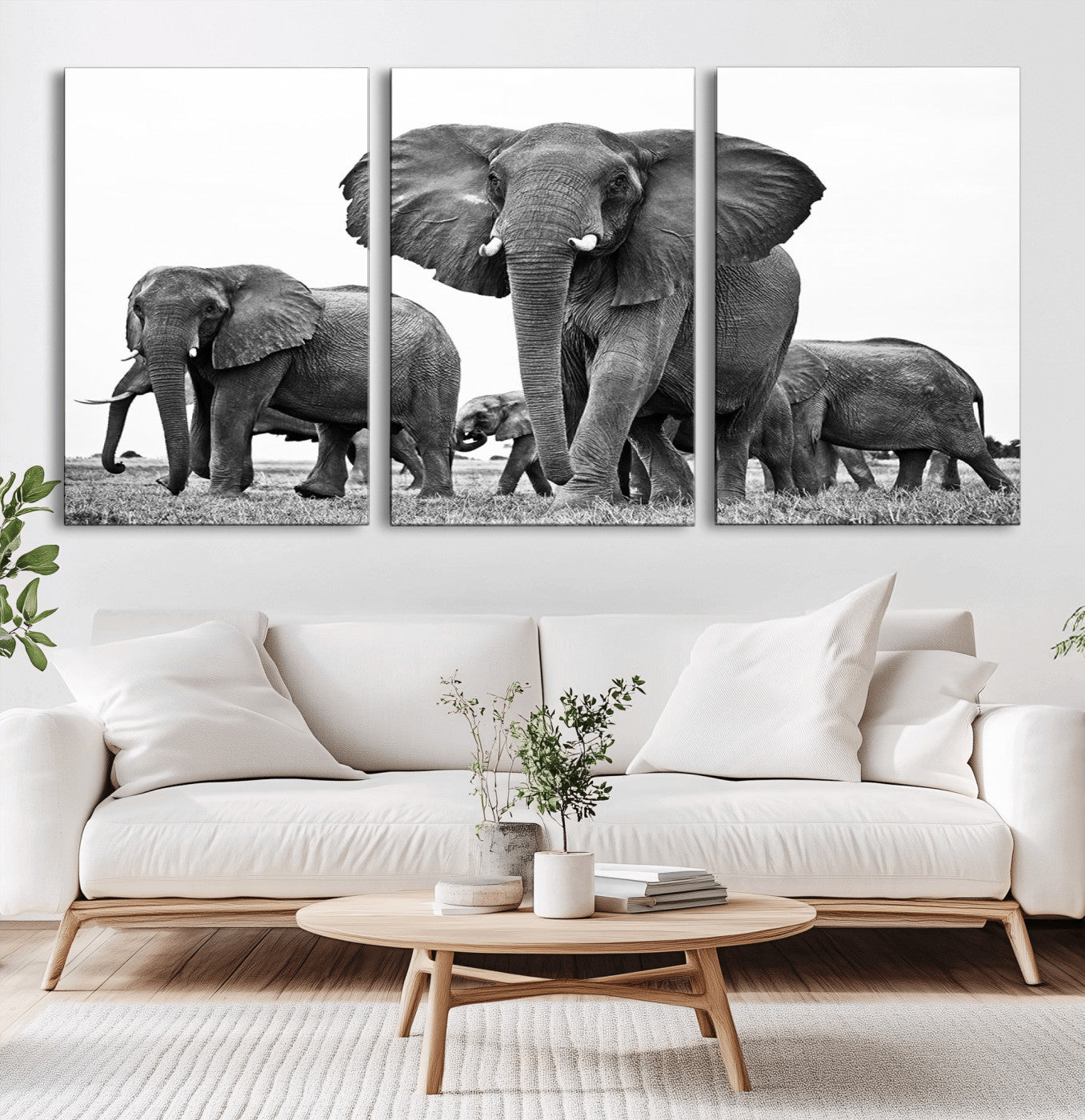 91685-MGV-CV-36X24-Elephant Herd Wall Art – Black and White Safari Canvas Print, African Wildlife Photography Decor for Living Room, Office or