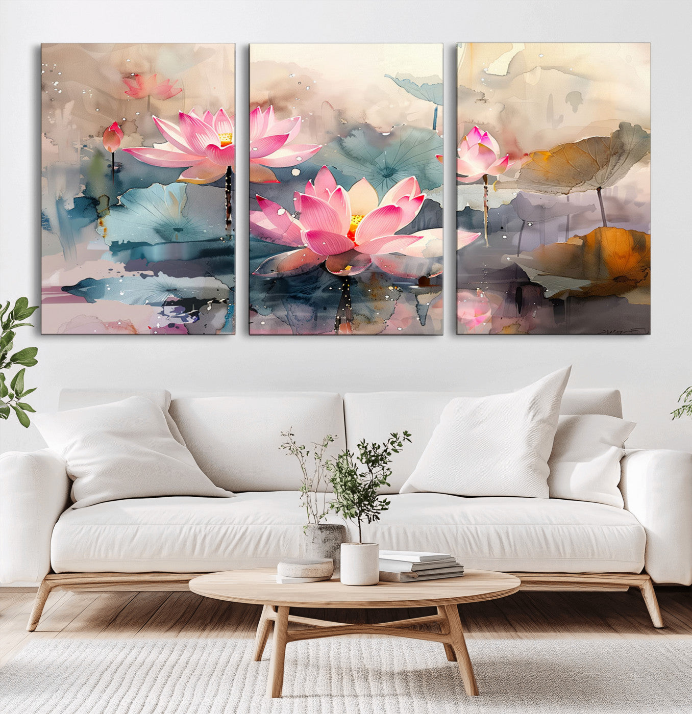 27936-MGV-CV-36X24-Lotus Pond Wall Art – Watercolor Pink Lotus Flowers Canvas Print, Tranquil Botanical Artwork for Bedroom, Living Room or