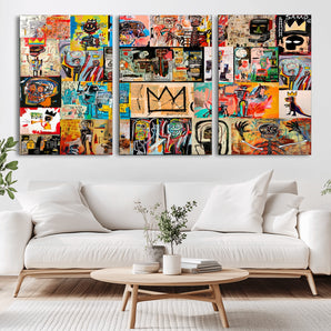 69394-MGV-CV-36X24-Basquiat Wall Art – Abstract Graffiti Collage Canvas Print, Colorful Pop Art Street Style Painting, Urban Modern Wall Decor for