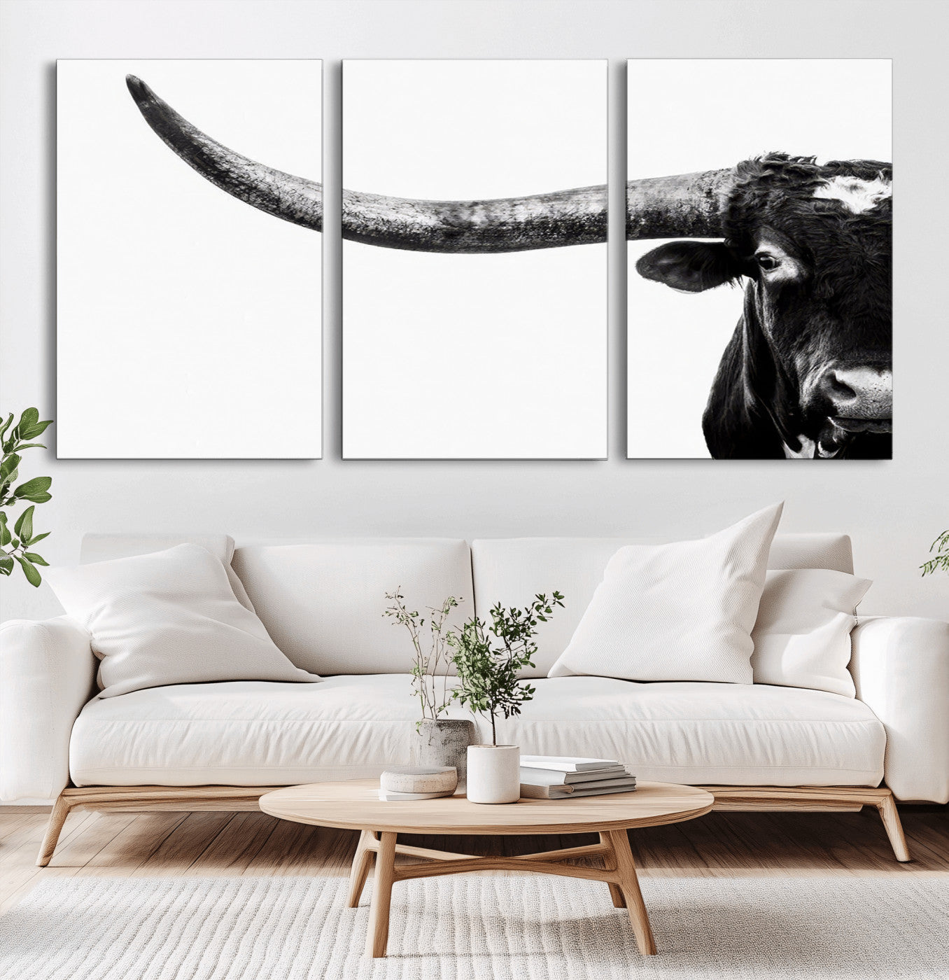 31699-MGV-CV-36X24-Longhorn Wall Art – Black and White Texas Longhorn Cow Canvas Print, Rustic Western Farmhouse Artwork for Living Room, Bedroom or