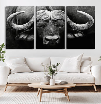 75273-MGV-CV-36X24-Buffalo Wall Art – Black and White African Buffalo Canvas Print, Rustic Wildlife Animal Artwork for Farmhouse, Living Room,