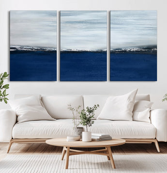 62197-MGV-CV-60X30-3P-Abstract Ocean Wall Art – Minimalist Blue and White Canvas Print, Modern Coastal Seascape Painting for Bedroom, Living Room or