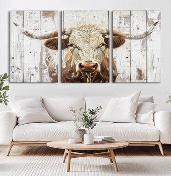 71551-MGV-CV-36X24-Longhorn Bull Wall Art – Rustic Western Cow Canvas Print, Farmhouse Animal Painting with Wood Plank Style for Living Room, Office