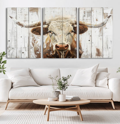 71551-MGV-CV-36X24-Longhorn Bull Wall Art – Rustic Western Cow Canvas Print, Farmhouse Animal Painting with Wood Plank Style for Living Room, Office