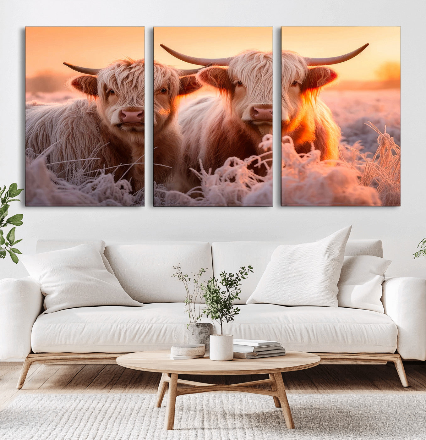 68253-MGV-CV-60X30-3P-Highland Cow Wall Art – Rustic Farmhouse Cattle Canvas Print, Frosty Sunset Animal Artwork for Living Room, Bedroom or Country