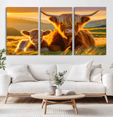 20567-MGV-CV-36X24-Highland Cow and Calf Wall Art – Rustic Farmhouse Sunset Cattle Canvas Print, Country Animal Artwork for Living Room, Bedroom, or
