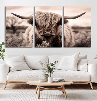 55903-MGV-CV-36X24-Highland Cow Wall Art – Rustic Sepia Scottish Highland Bull Canvas Print, Farmhouse Country Animal Decor for Living Room, Bedroom