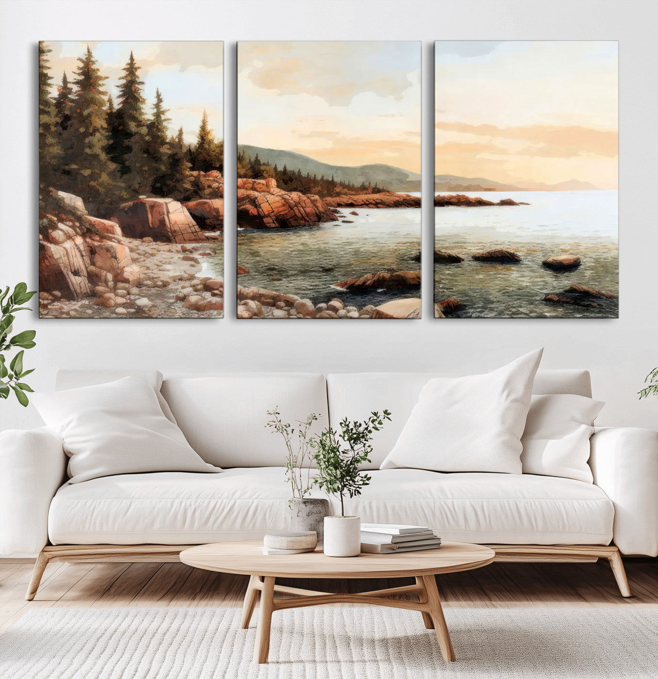 77145-MGV-CV-60X30-3P-Coastal Landscape Wall Art – Panoramic Rocky Shoreline and Pine Trees Canvas Print, Rustic Nature Decor for Cabin, Lodge, Office,