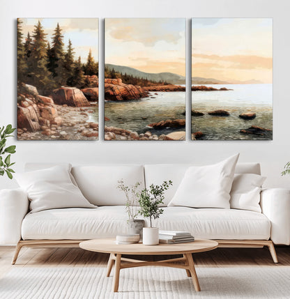 77145-MGV-CV-60X30-3P-Coastal Landscape Wall Art – Panoramic Rocky Shoreline and Pine Trees Canvas Print, Rustic Nature Decor for Cabin, Lodge, Office,