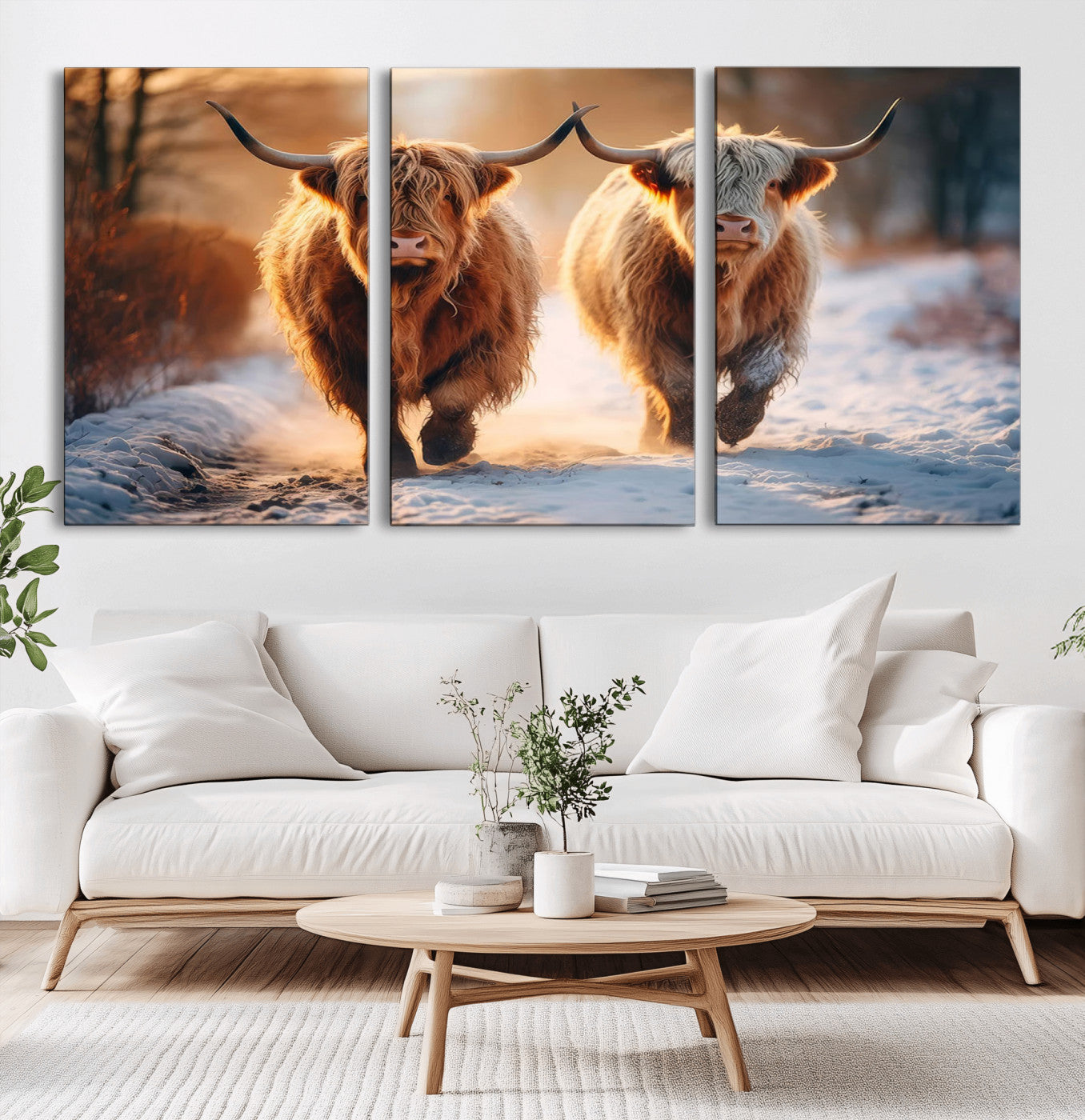 50490-MGV-CV-60X30-3P-Highland Cow Wall Art – Rustic Panoramic Canvas Print Two Cattle Snowy Landscape, Farmhouse Country Decor for Living Room Office