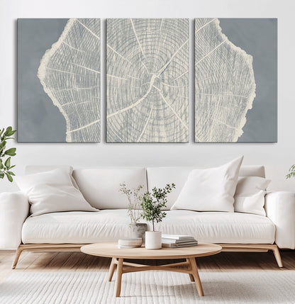 25547-MGV-CV-60X30-3P-Tree Ring Wall Art Canvas Print, Framed Linocut Tree Ring Art Picture Print, Wood Texture Perfect Minimalist Farmhouse Decor