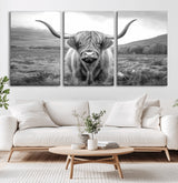52903-MGV-CV-60X30-3P-Highland Cow Wall Art – Black and White Canvas Print Rustic Cattle Portrait, Farmhouse Country Decor for Living Room, Office,