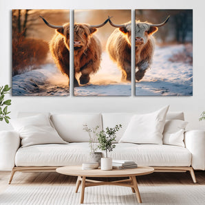 94810-MGV-CV-36X24-Highland Cow Wall Art – Rustic Canvas Print Two Cattle Snow Path Sunset, Farmhouse Country Decor for Living Room, Bedroom, Office,