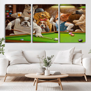 34228-MGV-CV-36X24-Dogs Playing Pool Wall Art Canvas Print, Framed Funny Dog Art Picture Print, Dog Perfect Game Room Decor Artwork