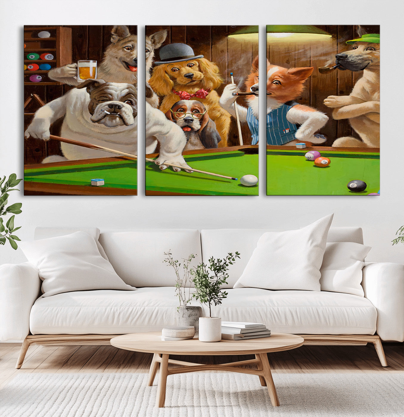 34228-MGV-CV-36X24-Dogs Playing Pool Wall Art Canvas Print, Framed Funny Dog Art Picture Print, Dog Perfect Game Room Decor Artwork