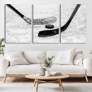 82900-MGV-CV-36X24-Hockey Wall Art – Black and White Canvas Print Ice Rink Sticks Puck Sports Photography, Modern Decor for Game Room, Man Cave,